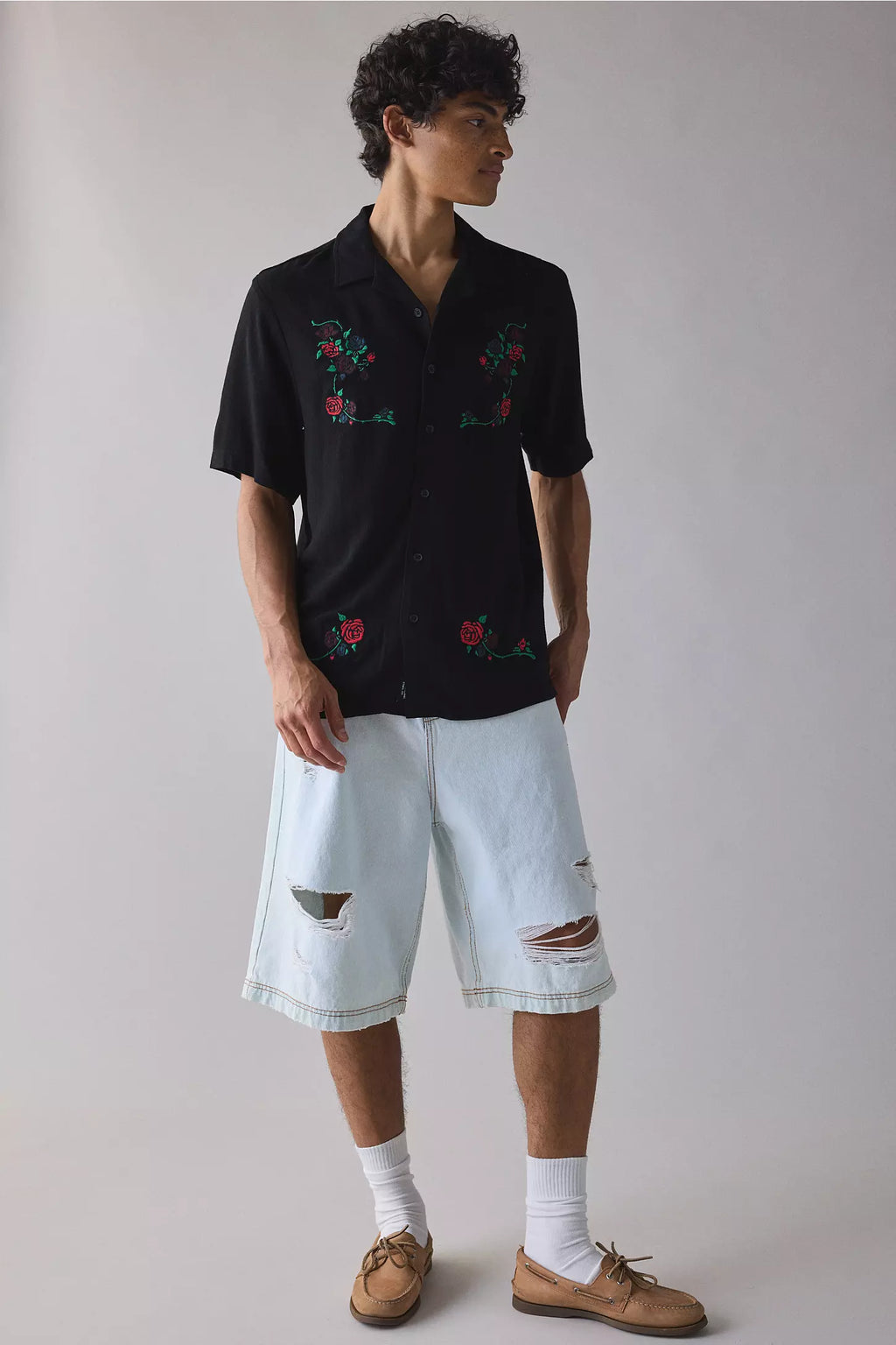 Rancho Rose Motif Embroidered Bowling Shirt