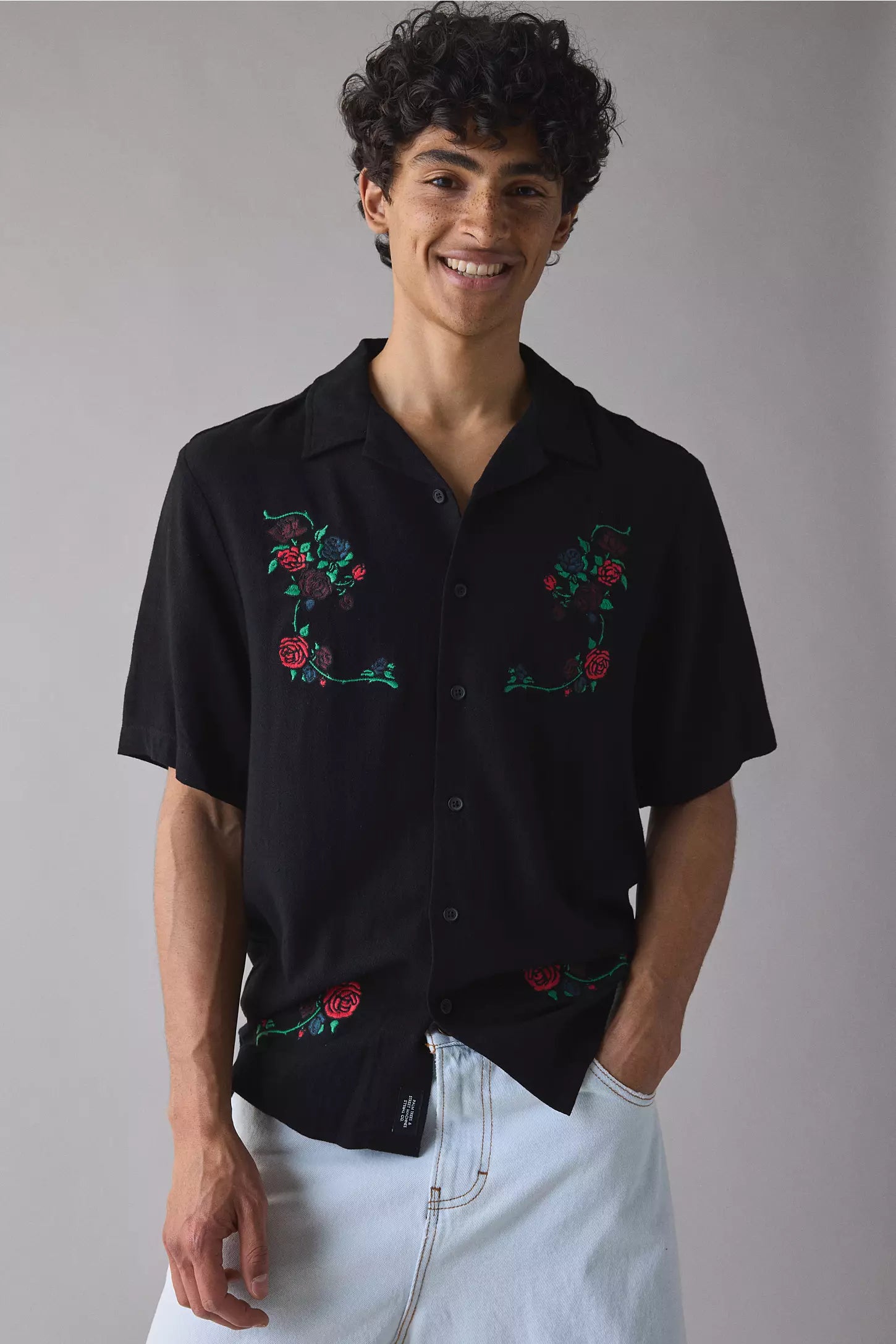 Rancho Rose Motif Embroidered Bowling Shirt