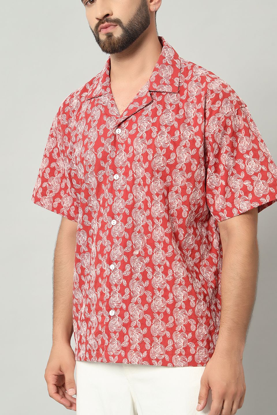 The Gulbahar Embroidered Cambric Cuban Shirt - Mehroon