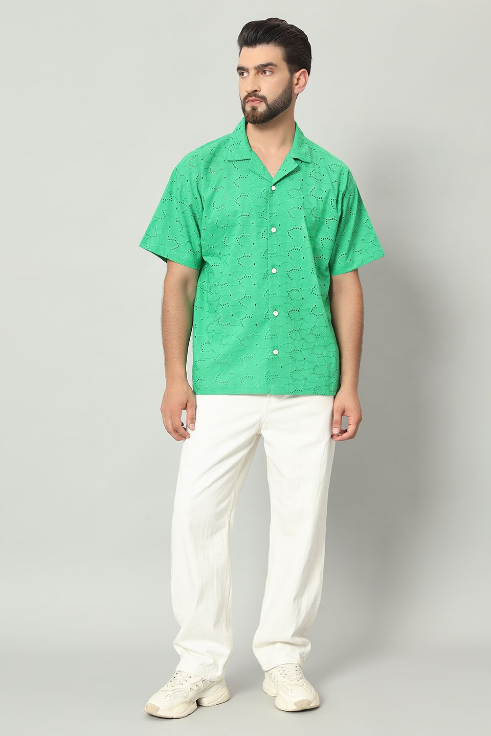 The Firdaus Schiffli Cuban Shirt - Forest Green