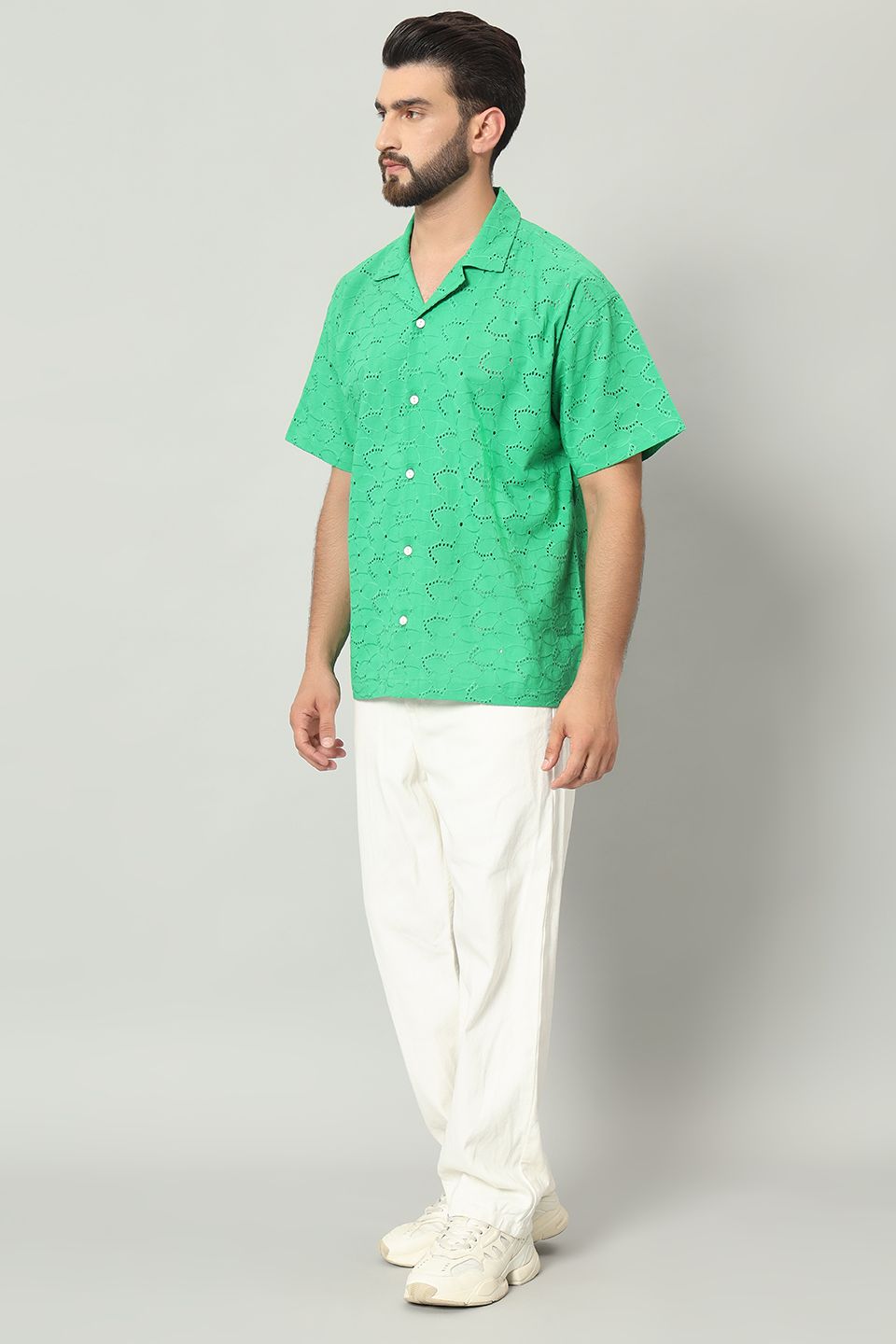The Firdaus Schiffli Cuban Shirt - Forest Green