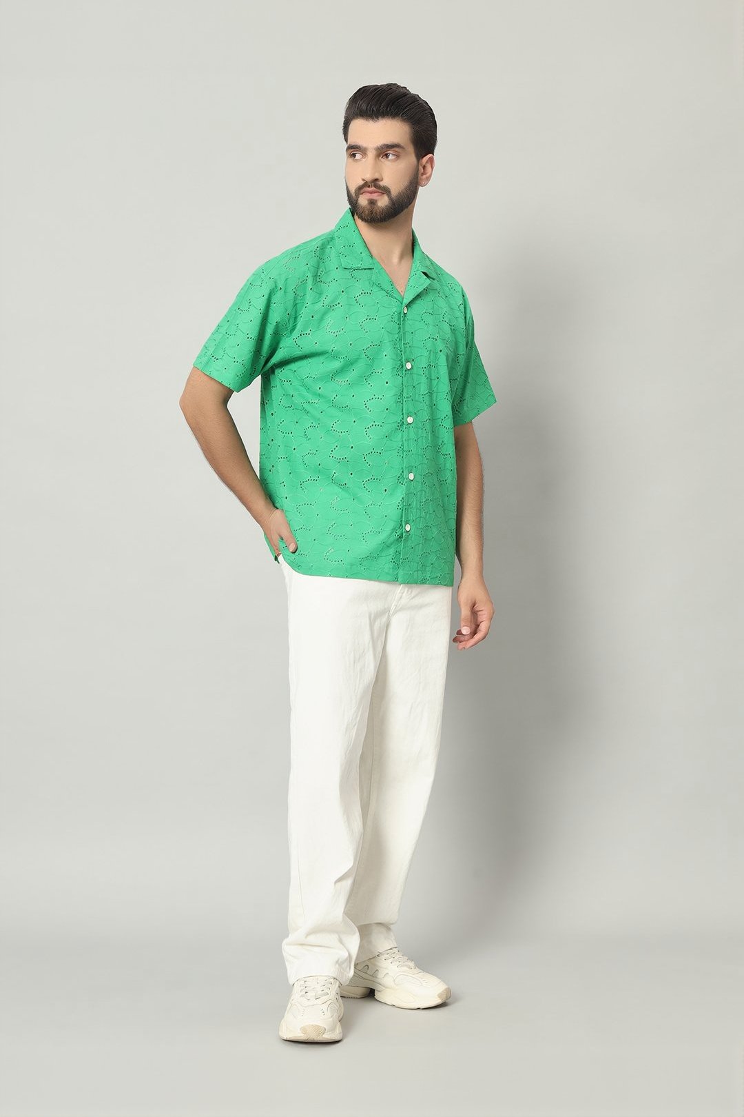 The Firdaus Schiffli Cuban Shirt - Forest Green