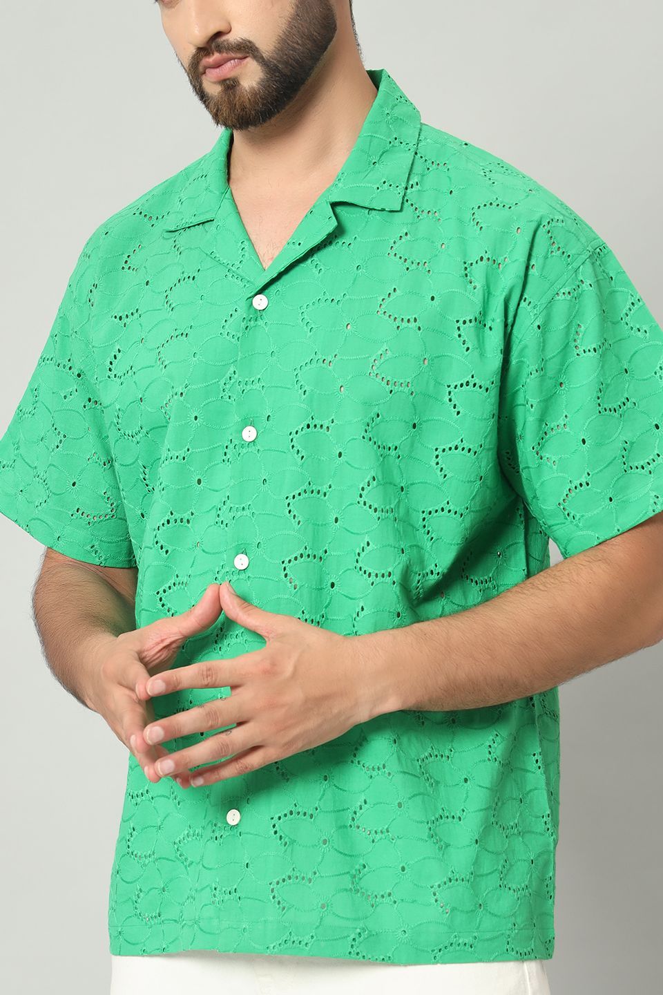 The Firdaus Schiffli Cuban Shirt - Forest Green