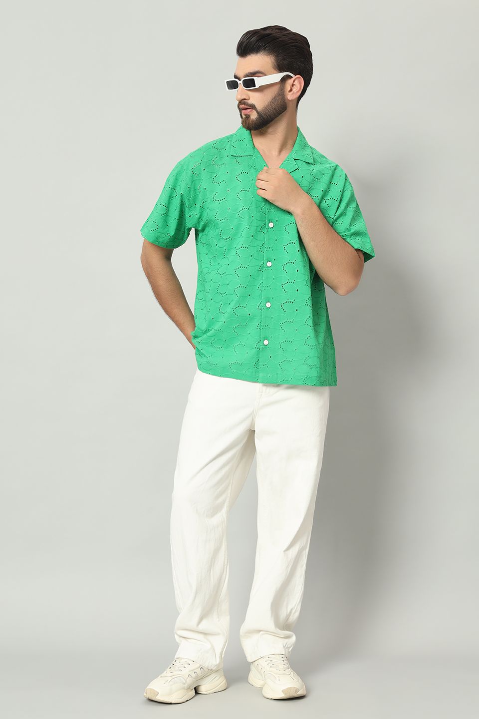 The Firdaus Schiffli Cuban Shirt - Forest Green