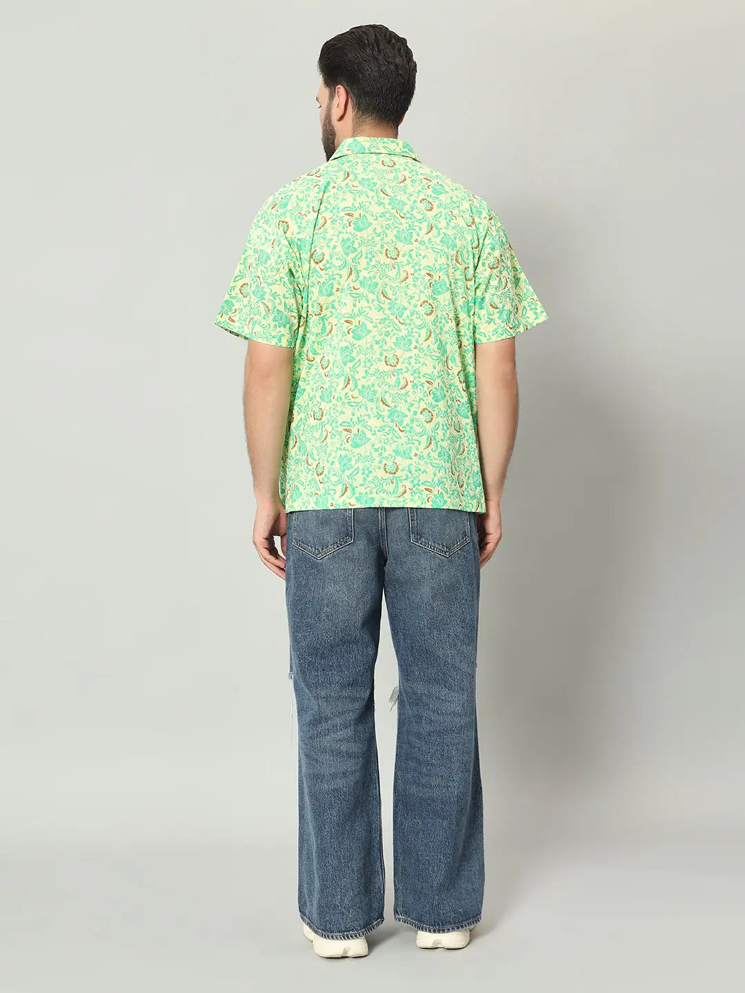 Men's Lemon Yellow Floral Hand Block Print Half Sleeve Shirt My Store