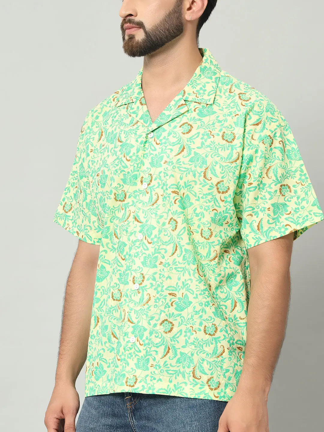 Men's Lemon Yellow Floral Hand Block Print Half Sleeve Shirt My Store