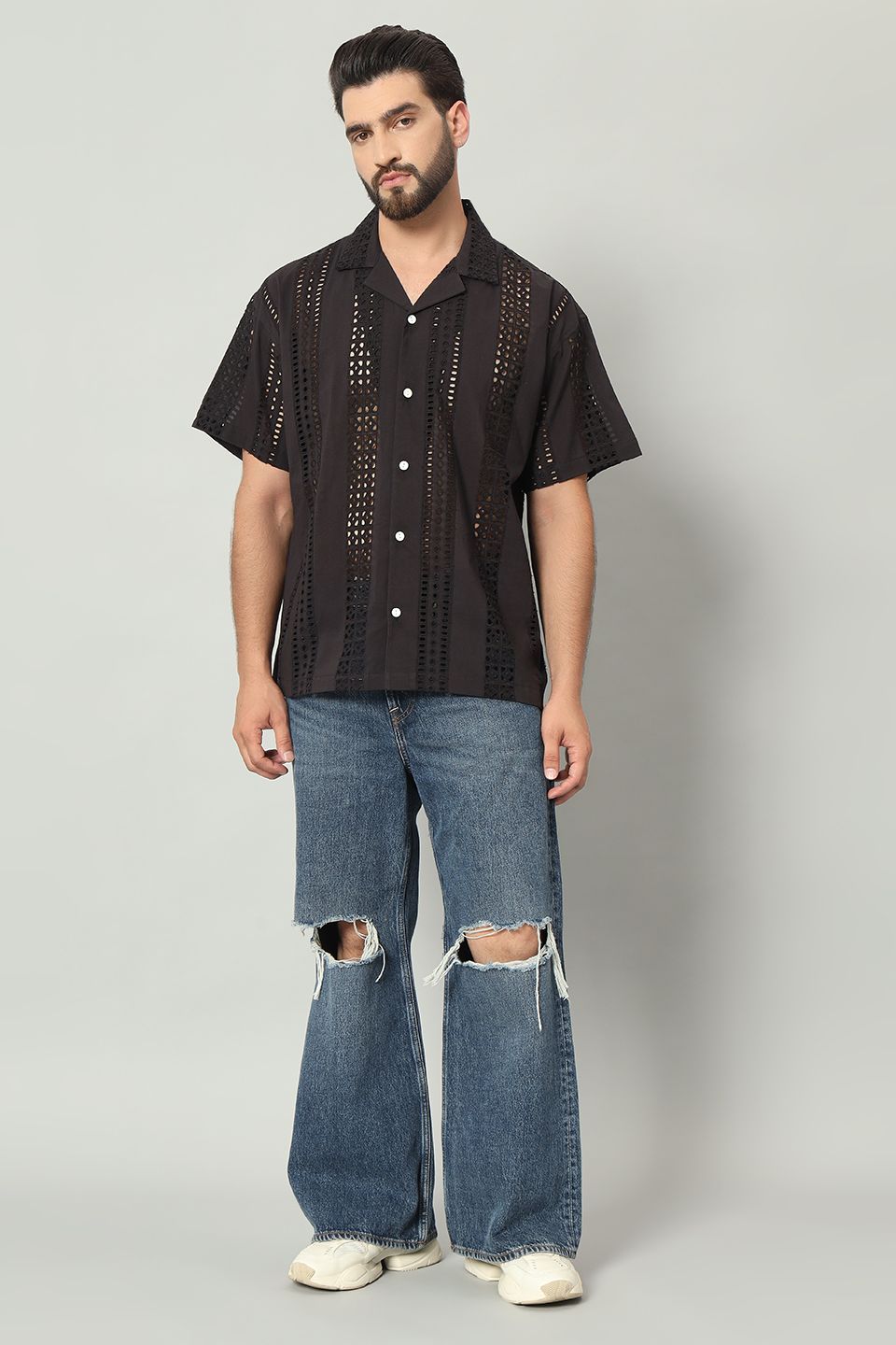 The Sartaj Schiffli Cuban Shirt - Pitch Black