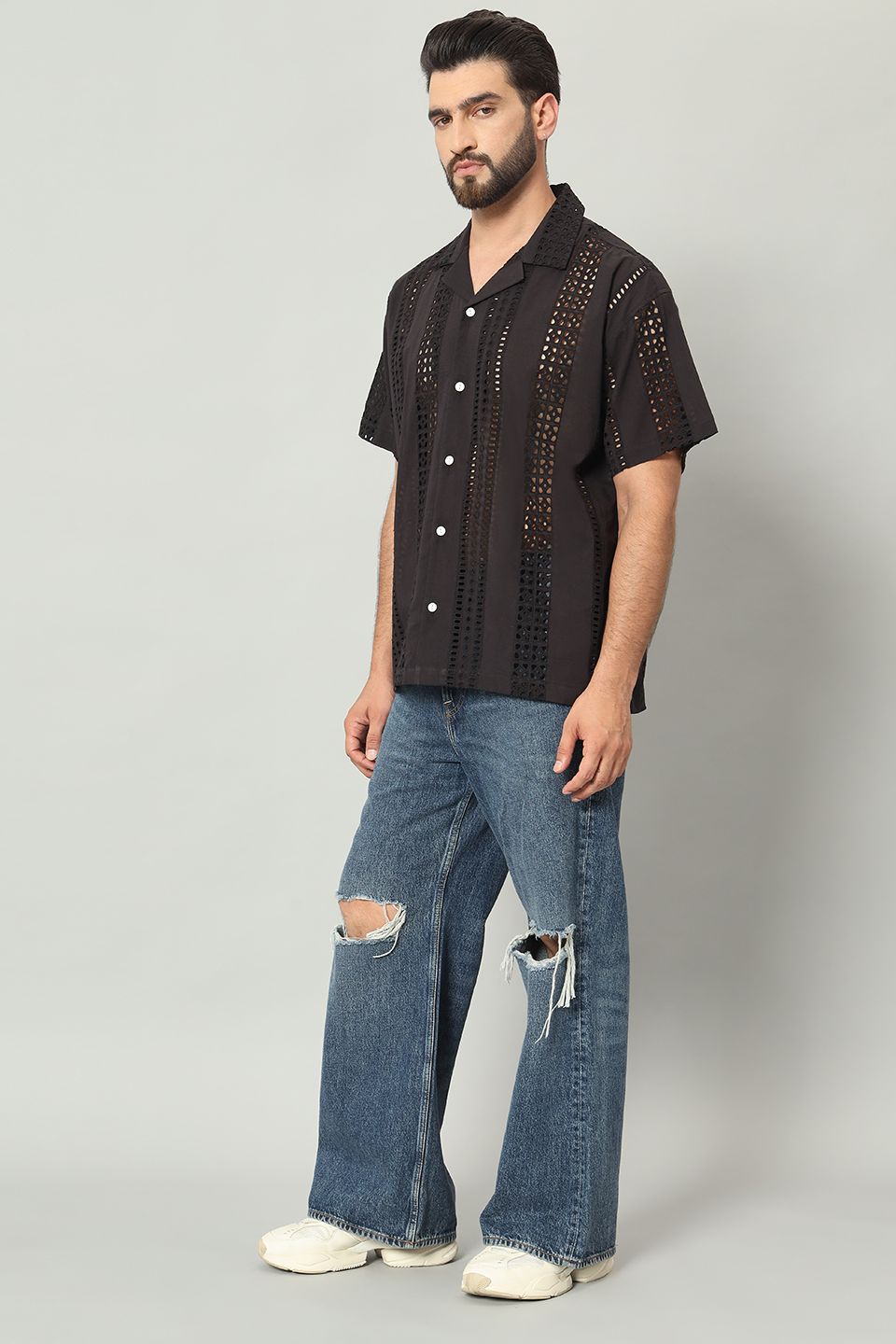 The Sartaj Schiffli Cuban Shirt - Pitch Black