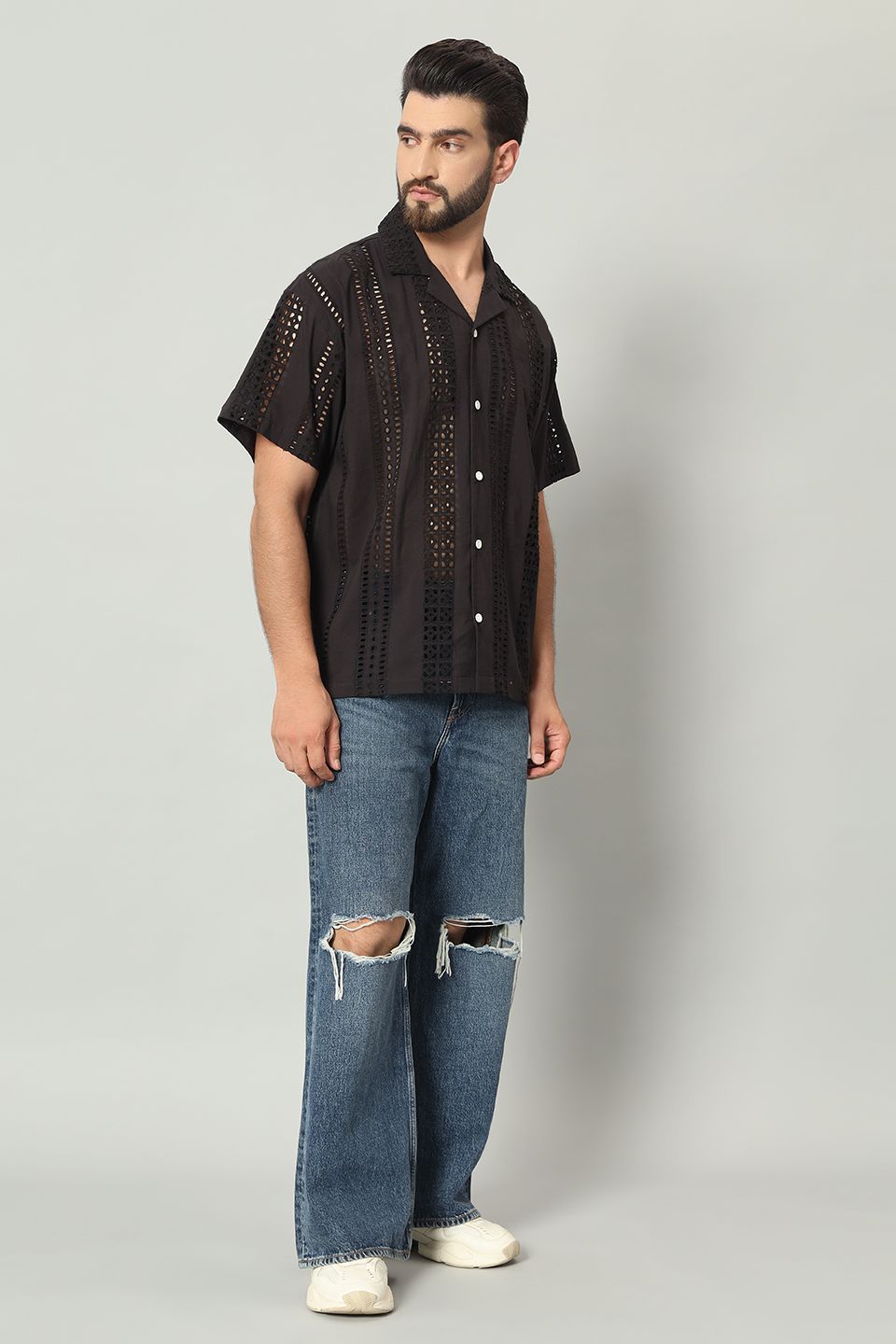 The Sartaj Schiffli Cuban Shirt - Pitch Black