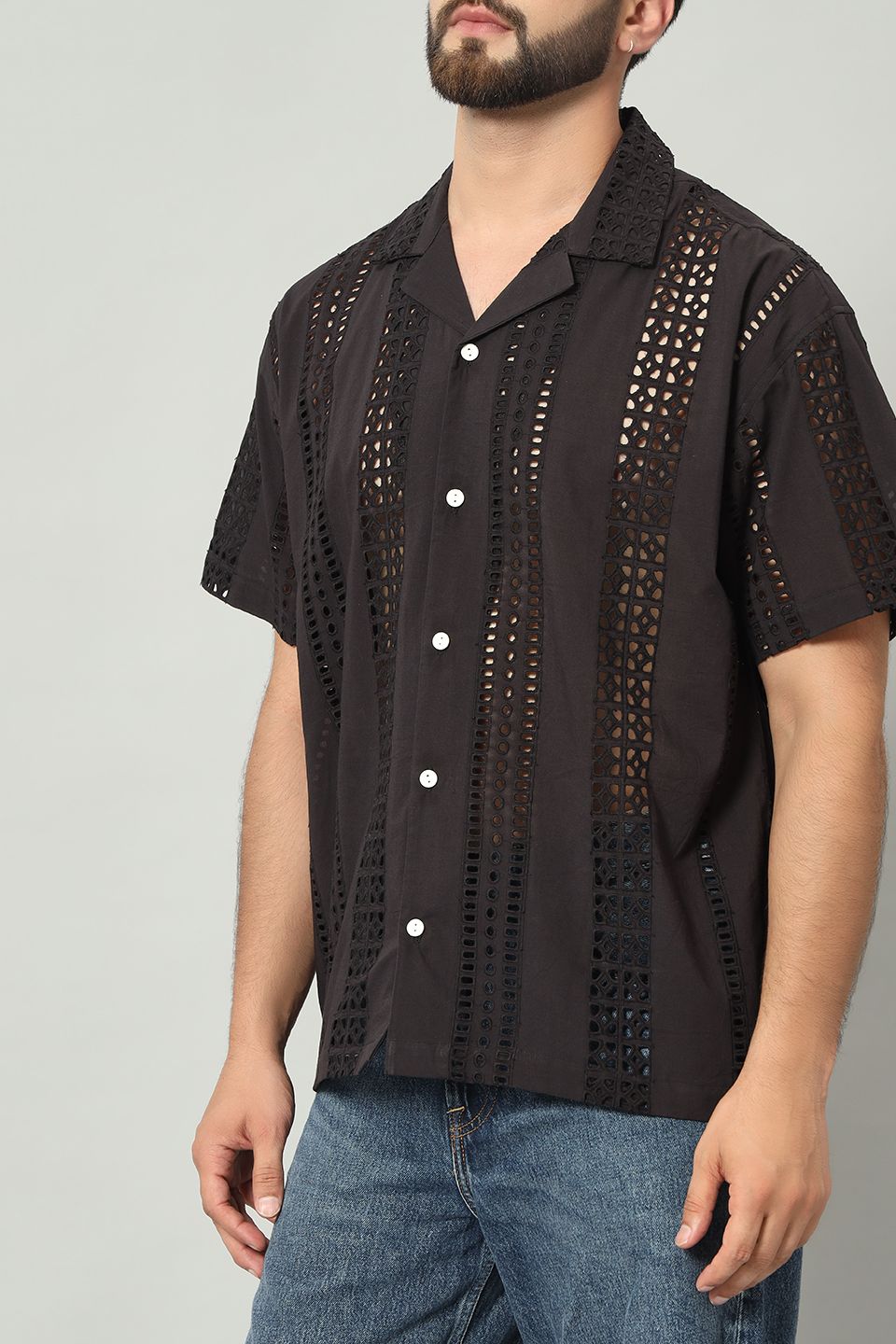The Sartaj Schiffli Cuban Shirt - Pitch Black
