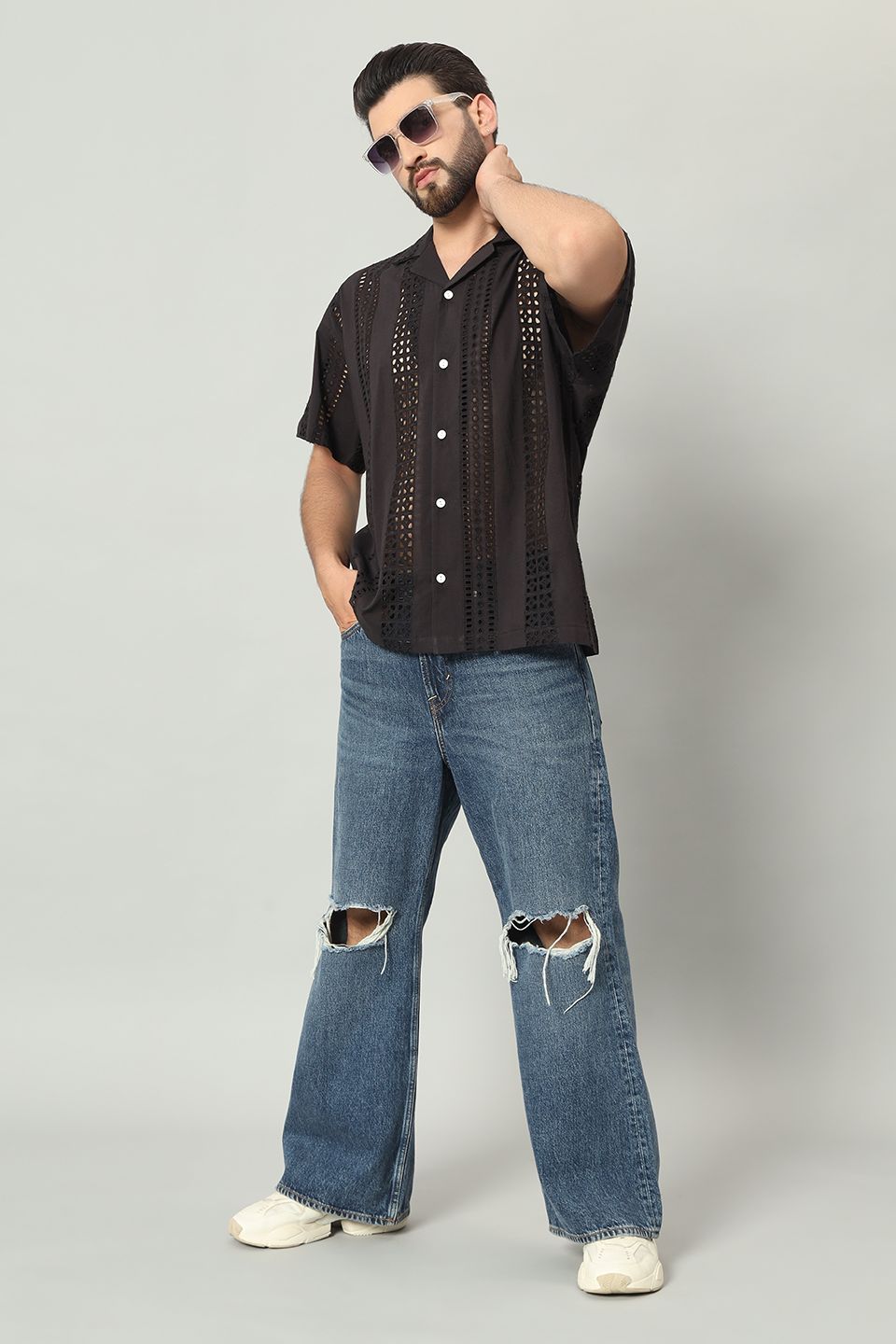 The Sartaj Schiffli Cuban Shirt - Pitch Black