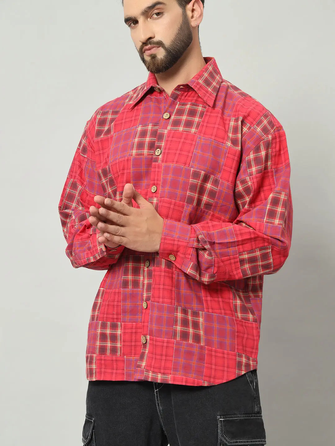 Upcycled Patchwork Checked Shirt: Sustainable Multicolor Design My Store