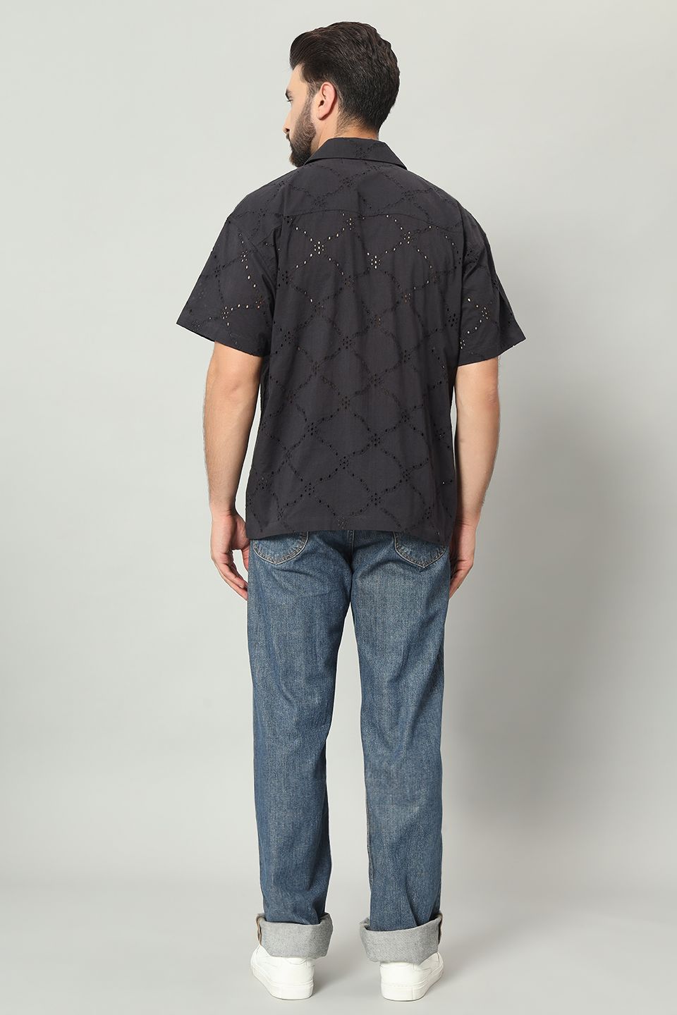 The Rumi Schiffli Cuban Shirt - Pitch Black