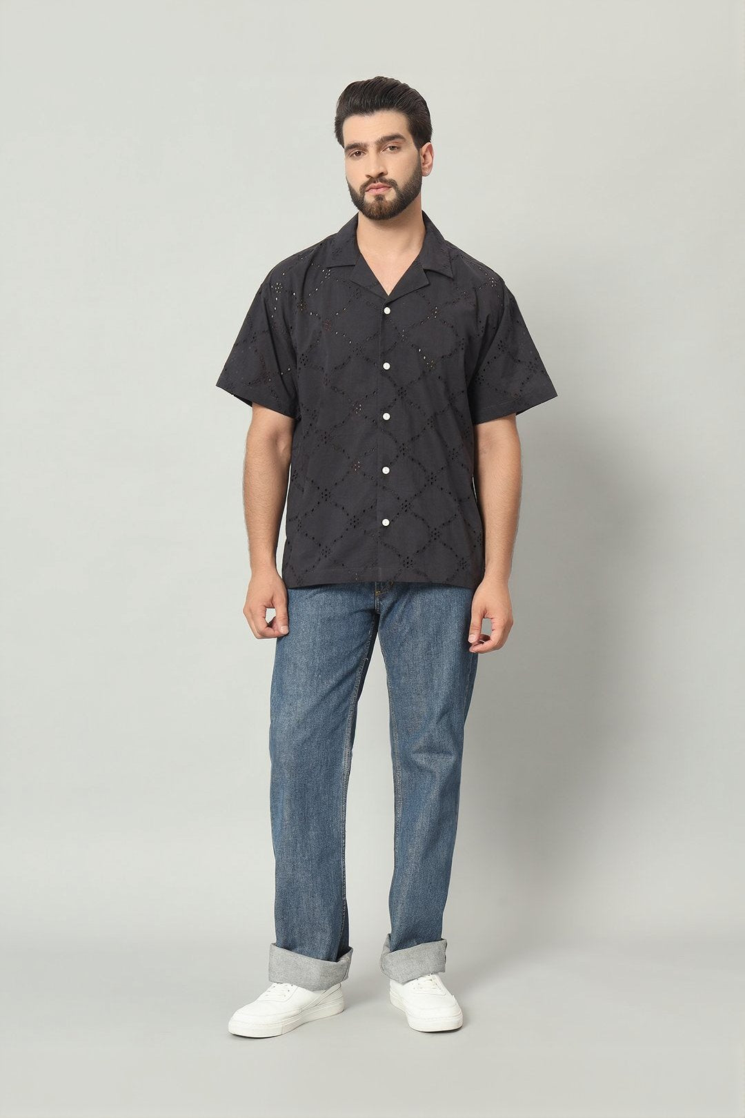 The Rumi Schiffli Cuban Shirt - Pitch Black