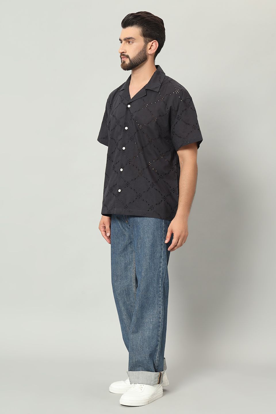 The Rumi Schiffli Cuban Shirt - Pitch Black