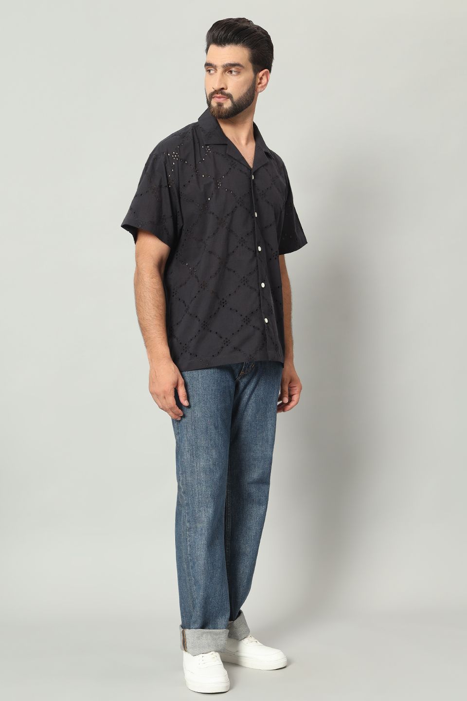 The Rumi Schiffli Cuban Shirt - Pitch Black