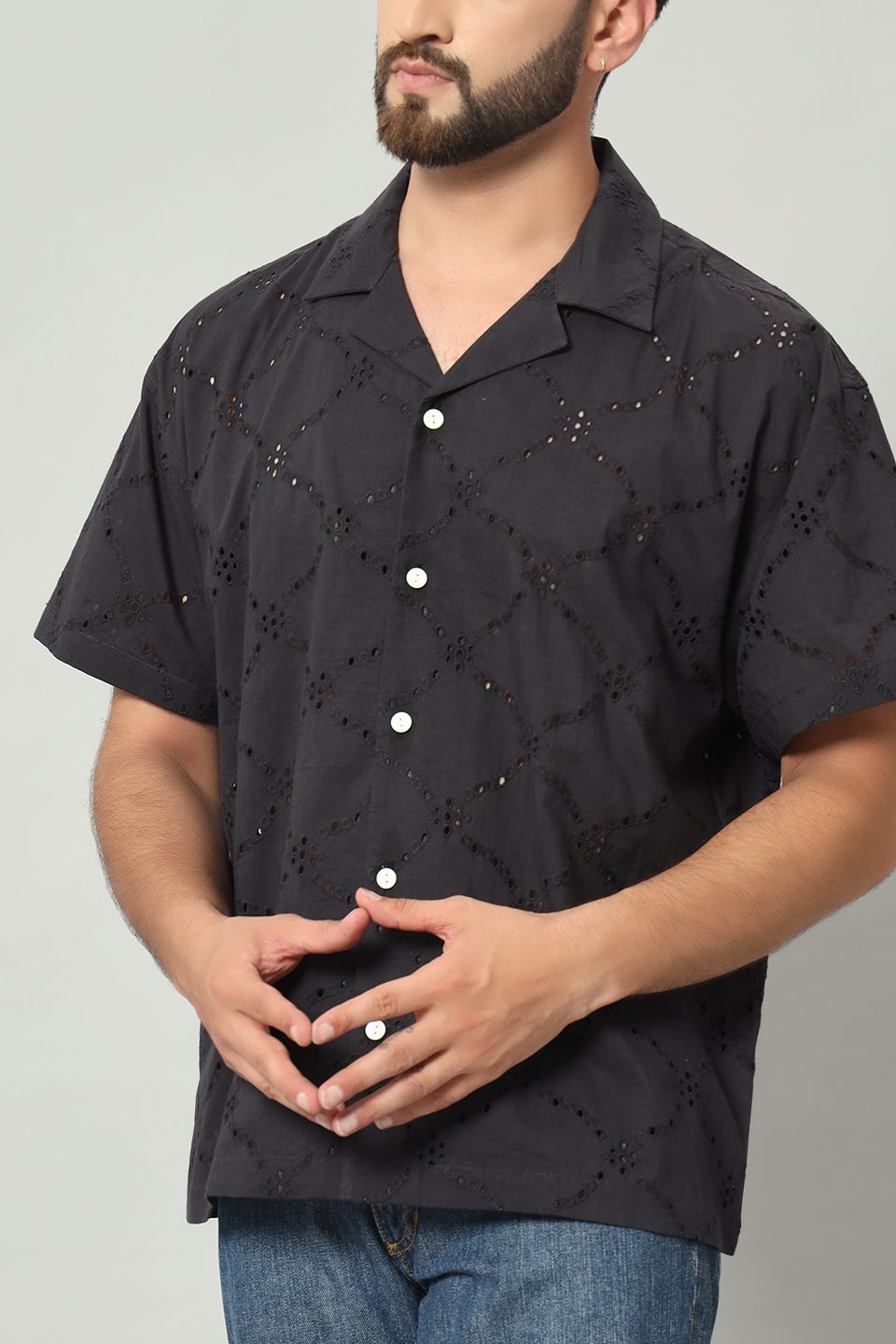 The Rumi Schiffli Cuban Shirt - Pitch Black