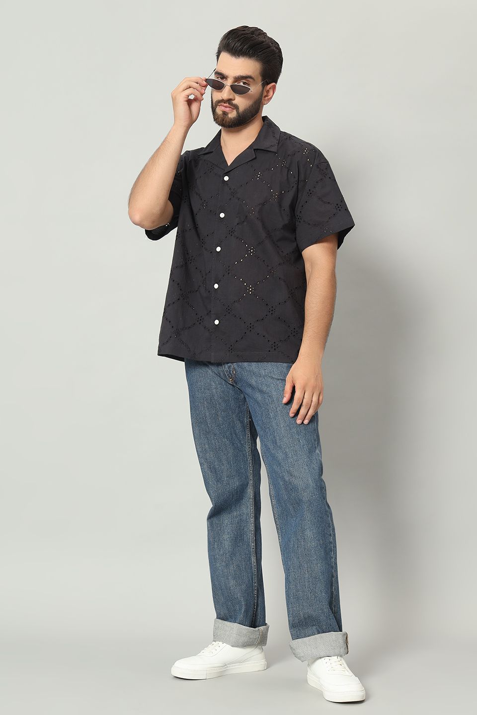 The Rumi Schiffli Cuban Shirt - Pitch Black