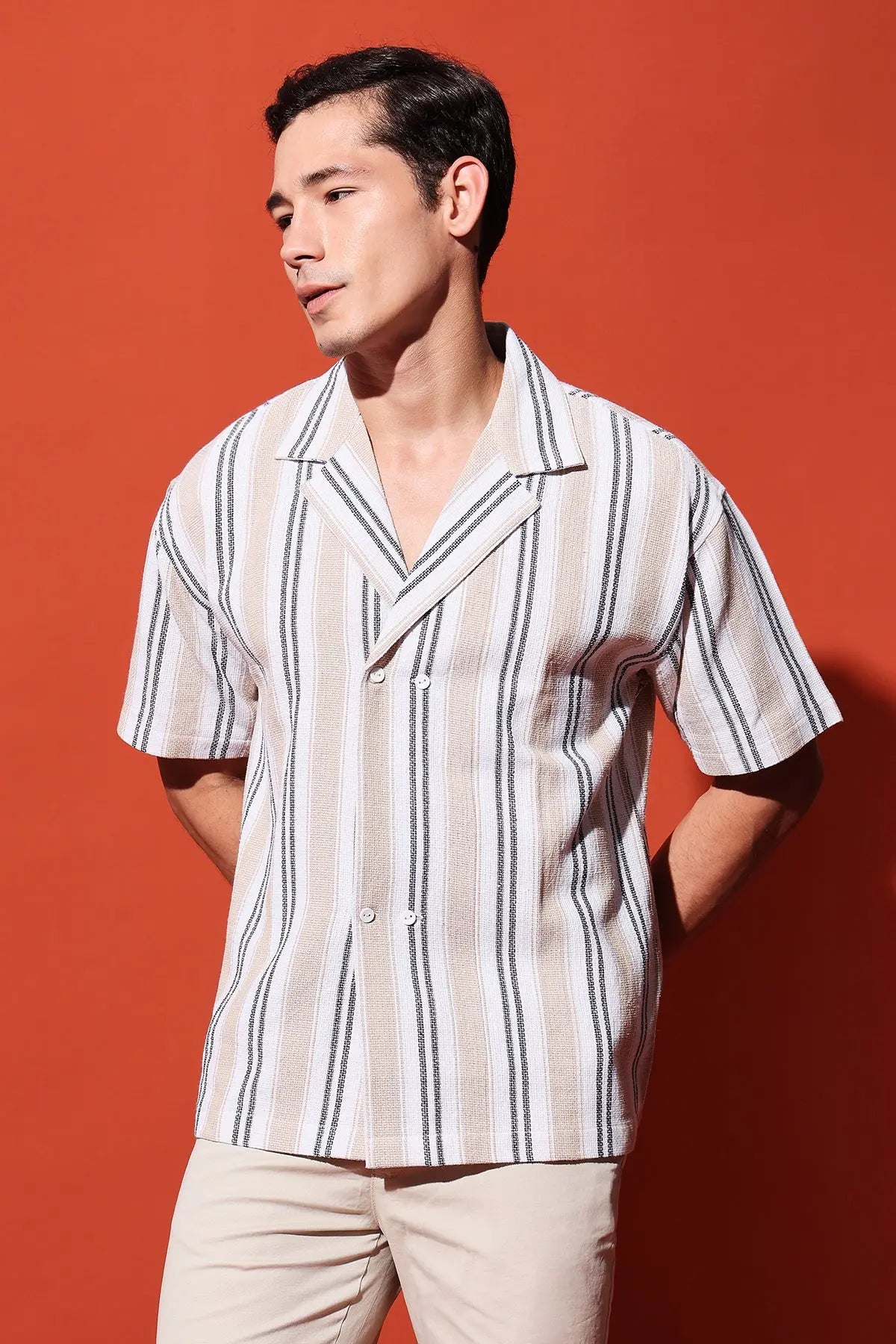 Men's Striped Resort Collar Short Sleeve Shirt RESÓRE BLANC