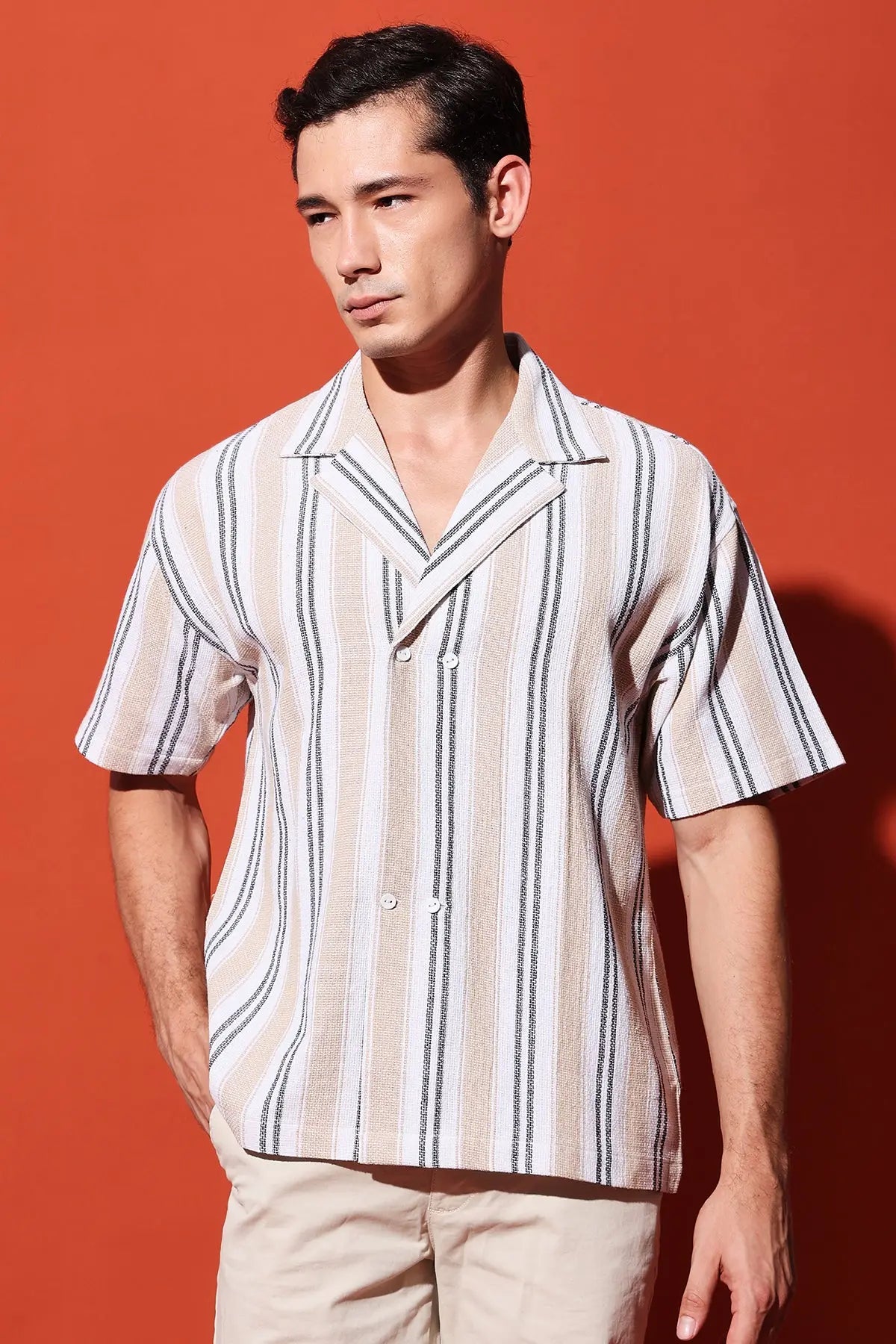 Men's Striped Resort Collar Short Sleeve Shirt RESÓRE BLANC