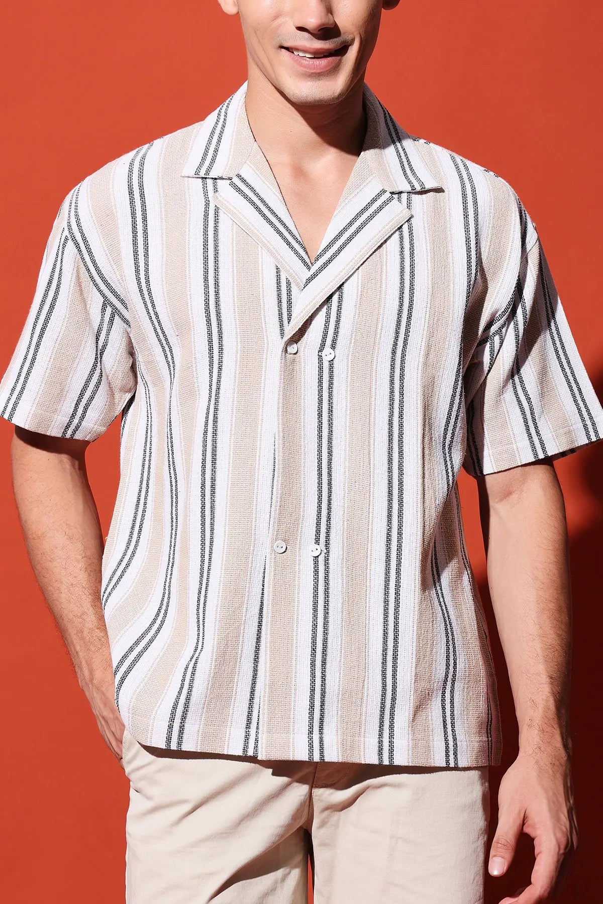 Men's Striped Resort Collar Short Sleeve Shirt RESÓRE BLANC