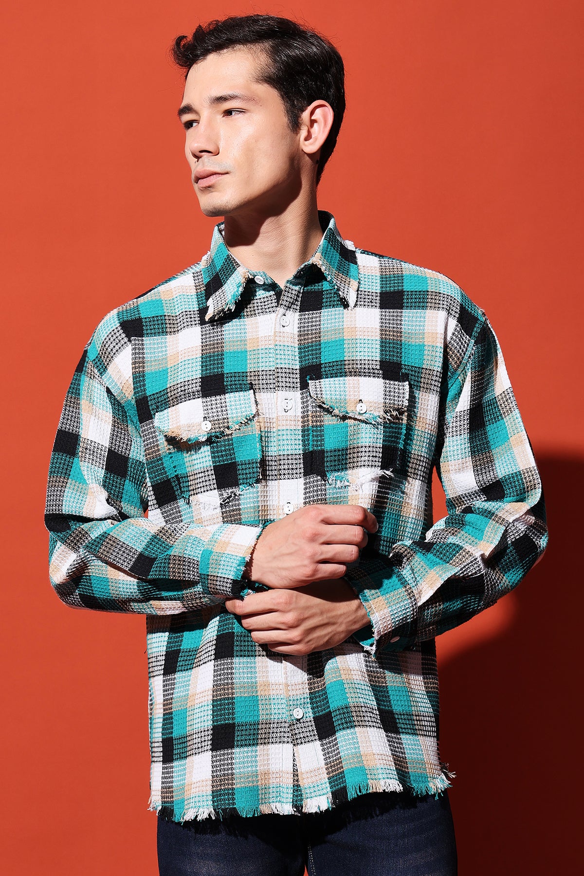 Multicolor Oversized Checkered Shirt with Waffle Texture RESÓRE BLANC