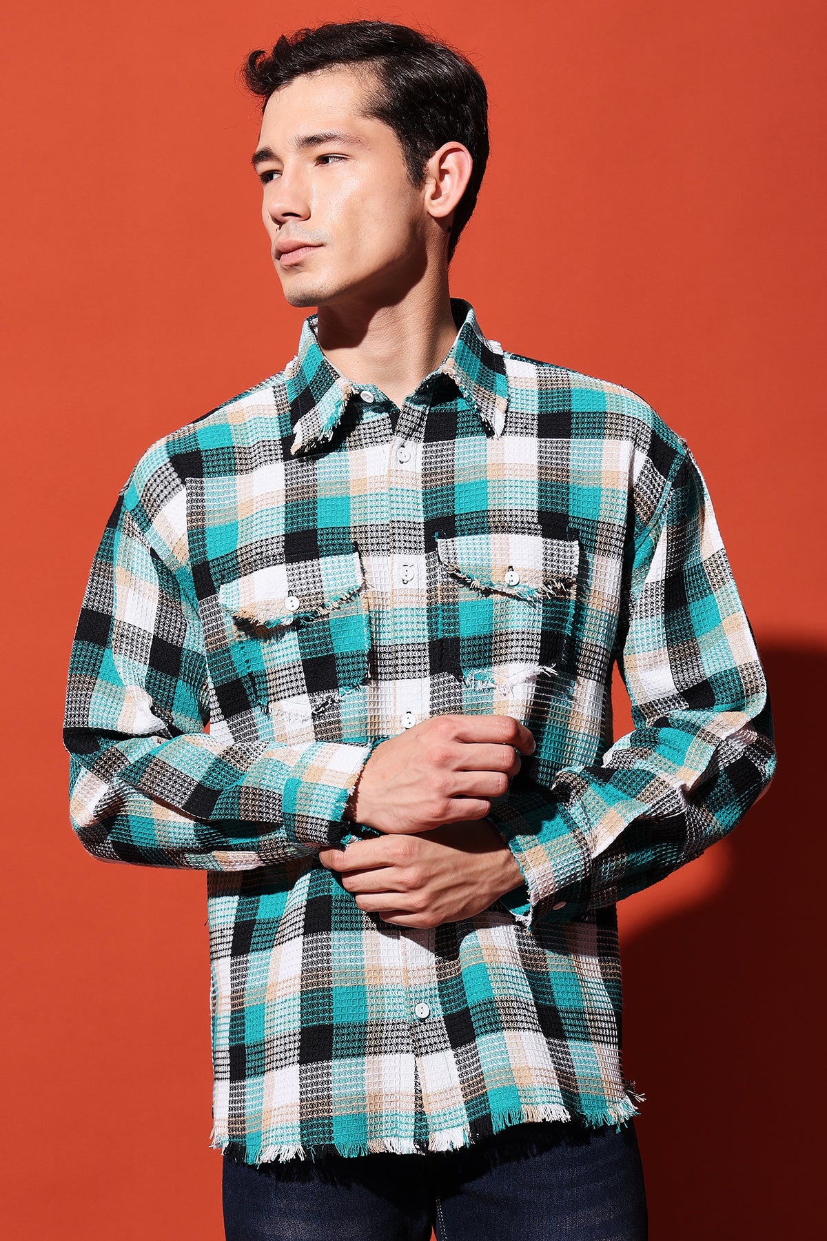 The Kaito Distressed Waffle Check Overshirt | Loose-Fit Winter Flannel