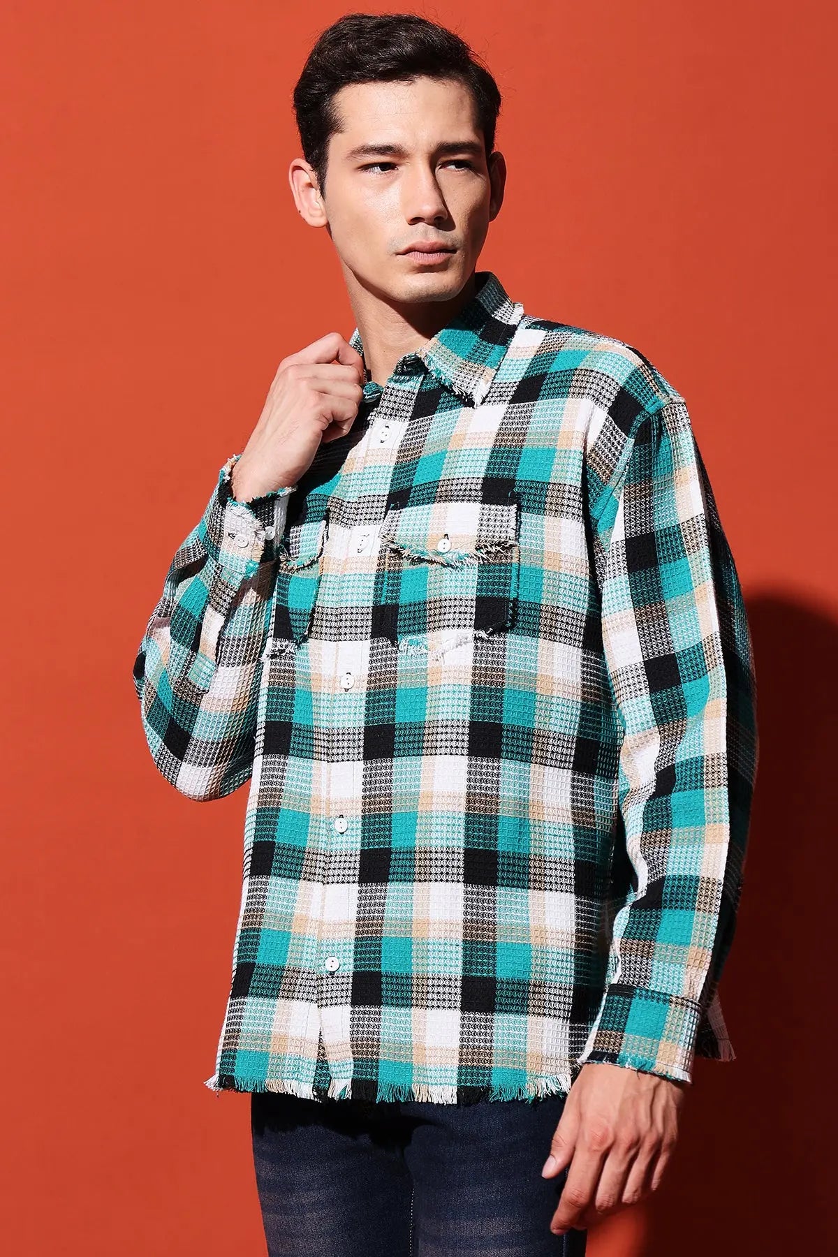 Multicolor Oversized Checkered Shirt with Waffle Texture RESÓRE BLANC