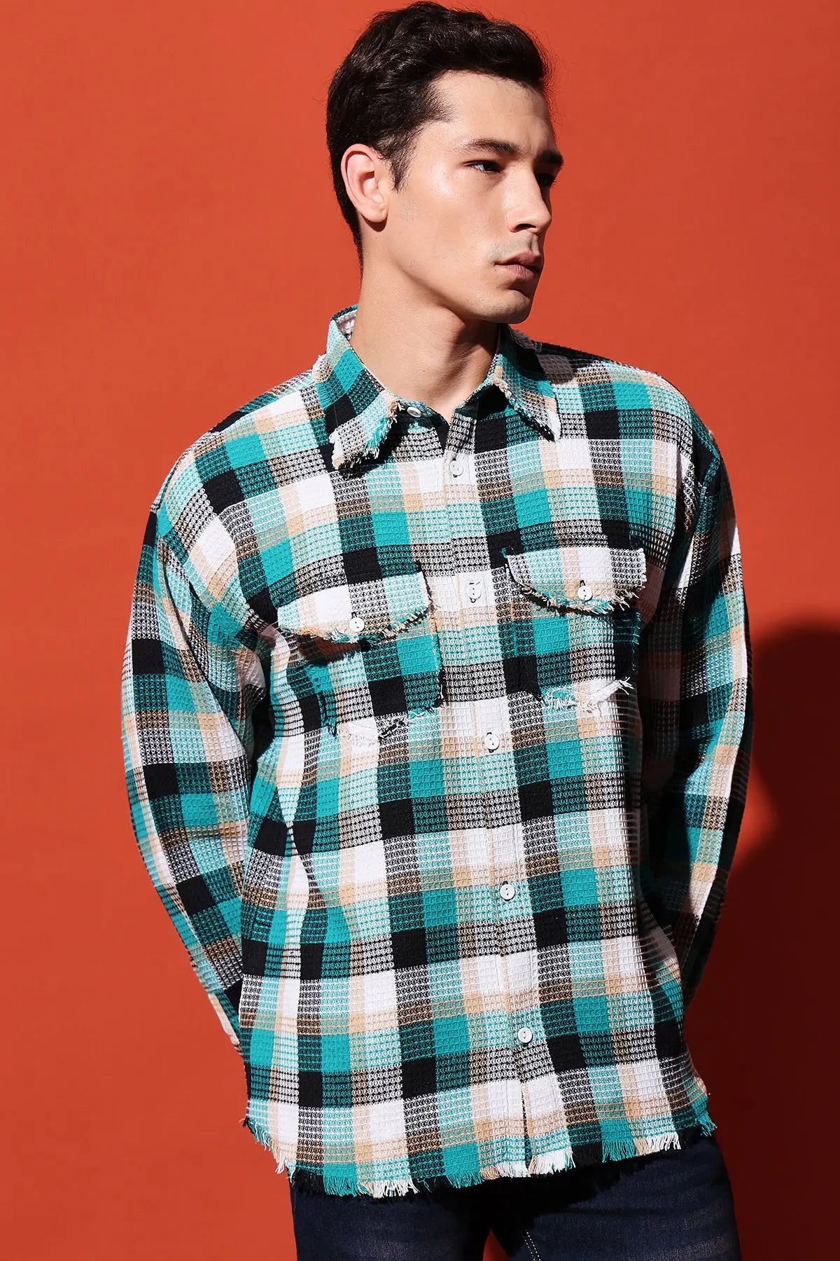 Multicolor Oversized Checkered Shirt with Waffle Texture RESÓRE BLANC