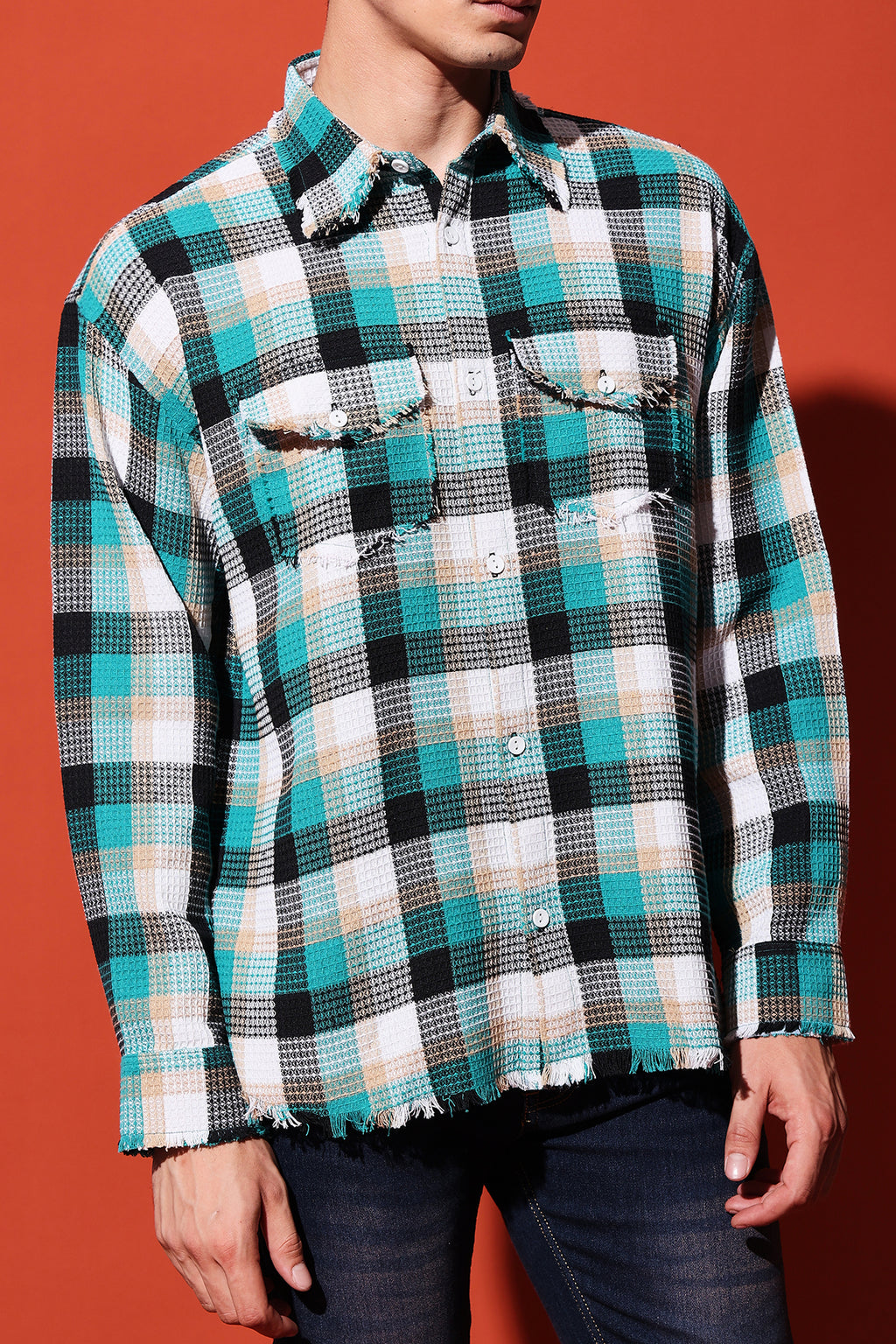 The Kaito Distressed Waffle Check Overshirt | Loose-Fit Winter Flannel