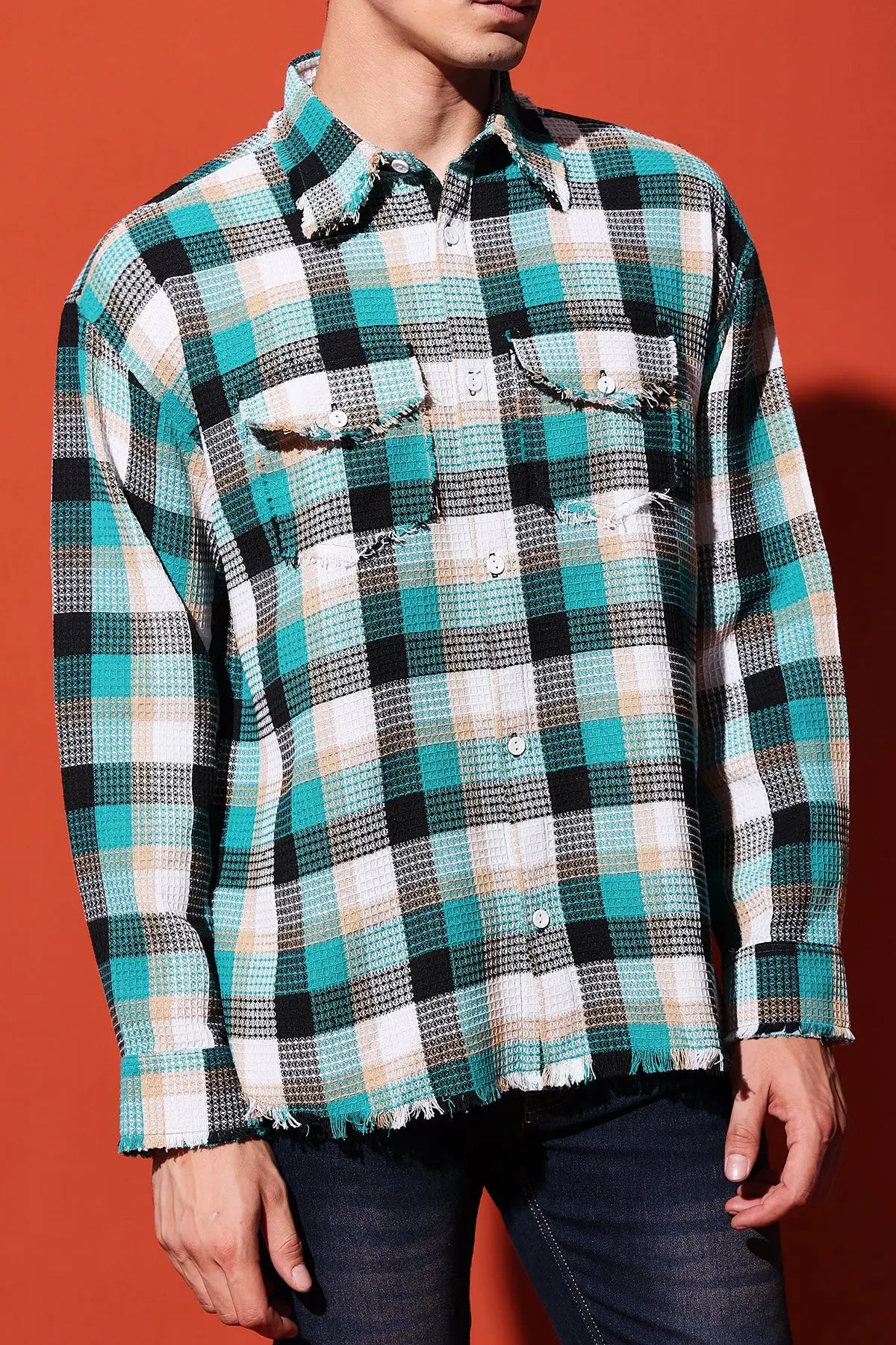 Multicolor Oversized Checkered Shirt with Waffle Texture RESÓRE BLANC