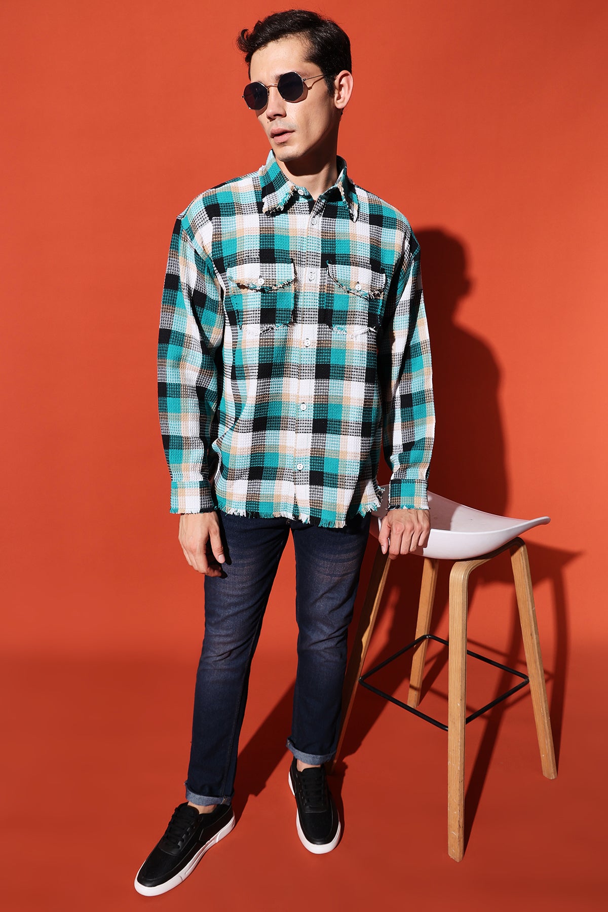 Multicolor Oversized Checkered Shirt with Waffle Texture RESÓRE BLANC